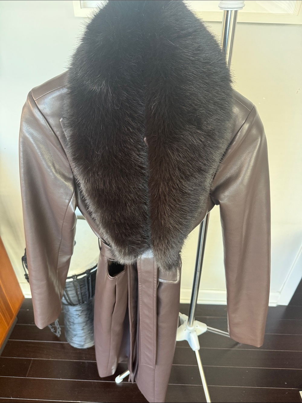 Michael Kors Dark Brown Faux Leather Trench with Plush Faux Fur Collar